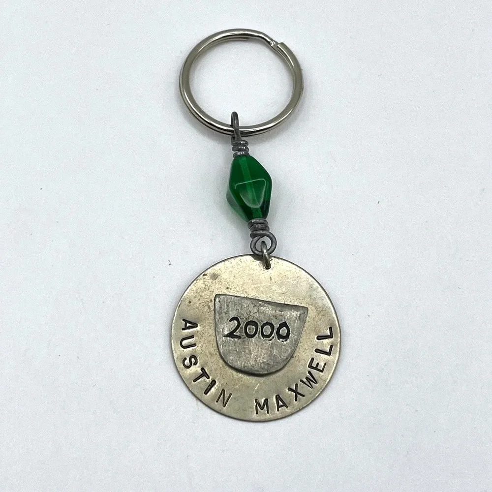 Vintage Austin Maxwell‎ 2000 Personalized Name Keychain Green Bead Silver Tone